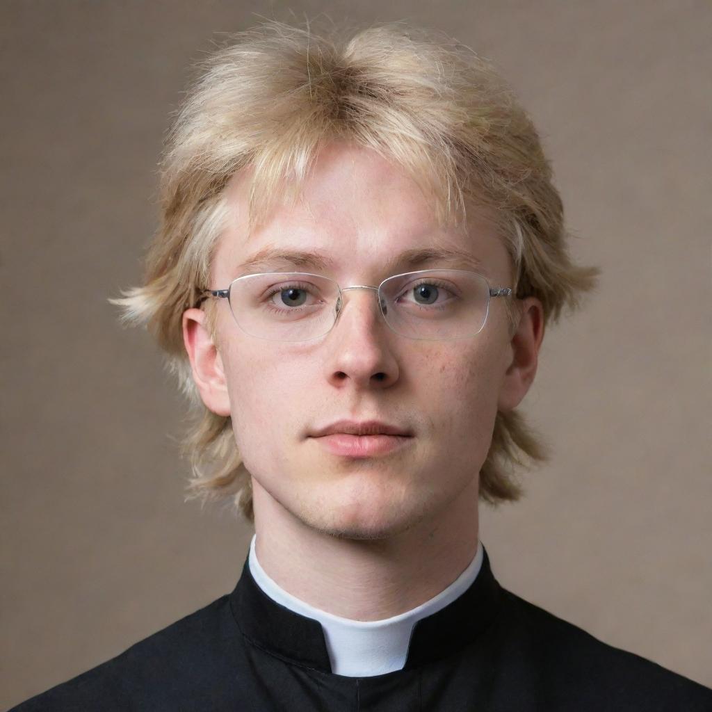 Portrait of a young priest with fluffy bangs, a blonde mullet, a clerical collar, and square glasses