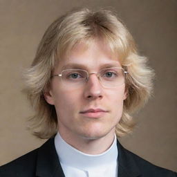 Portrait of a young priest with fluffy bangs, a blonde mullet, a clerical collar, and square glasses