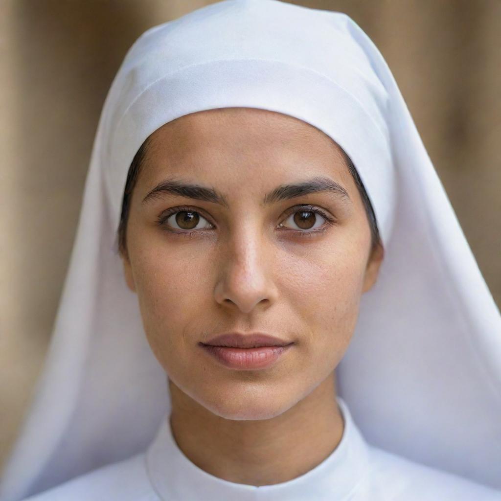 Portrait of a young Hispanic nun with brown eyes