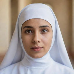 Portrait of a young Hispanic nun with brown eyes