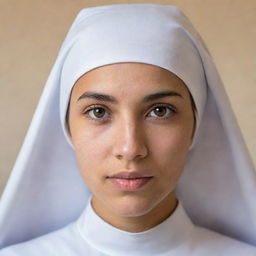 Portrait of a young Hispanic nun with brown eyes