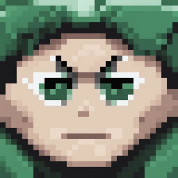 This is a high-quality 32x32 pixel art of Midoriya's face, set against a grid