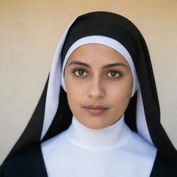 Portrait of a young Hispanic nun with brown eyes wearing a black veil