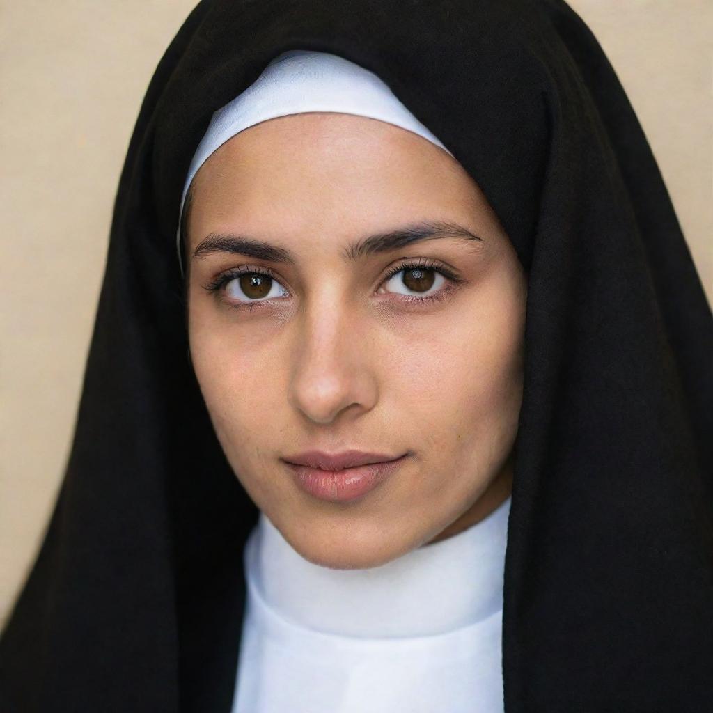 Portrait of a young Hispanic nun with brown eyes wearing a black veil