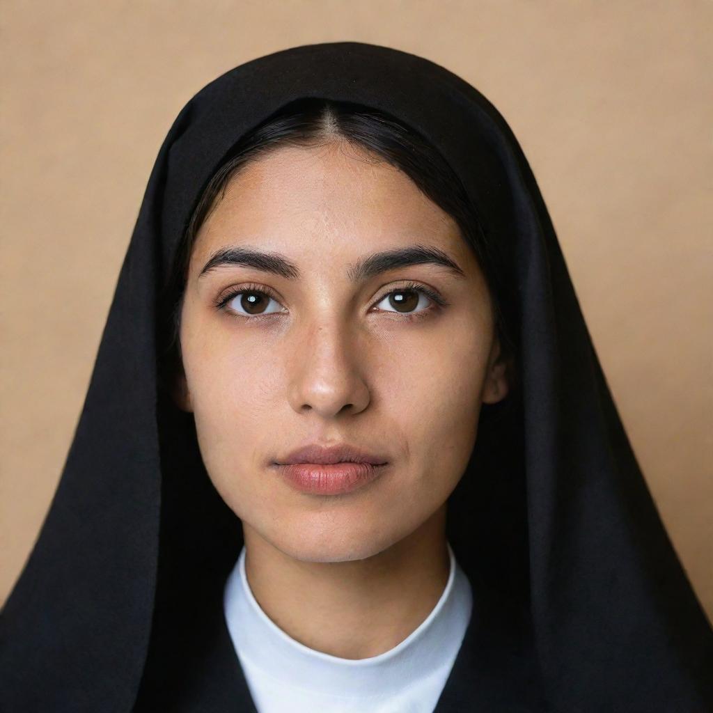 Portrait of a young Hispanic nun with brown eyes wearing a black veil