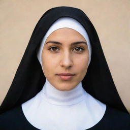 Portrait of a young Hispanic nun with brown eyes wearing a black veil