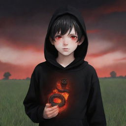 Anime little boy with glowing red eyes, wearing a black hoodie, holding a snake made of fire, standing in a field drenched in red.