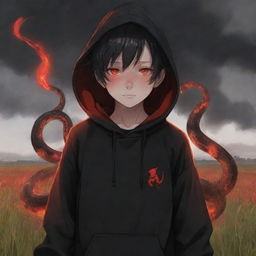 Anime little boy with glowing red eyes, wearing a black hoodie, holding a snake made of fire, standing in a field drenched in red.