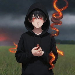 Anime little boy with glowing red eyes, wearing a black hoodie, holding a snake made of fire, standing in a field drenched in red.