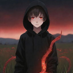 Anime little boy with glowing red eyes, wearing a black hoodie, holding a snake made of fire, standing in a field drenched in red.