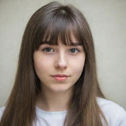 Portrait of a 19-year-old Caucasian girl with long hair and bangs.