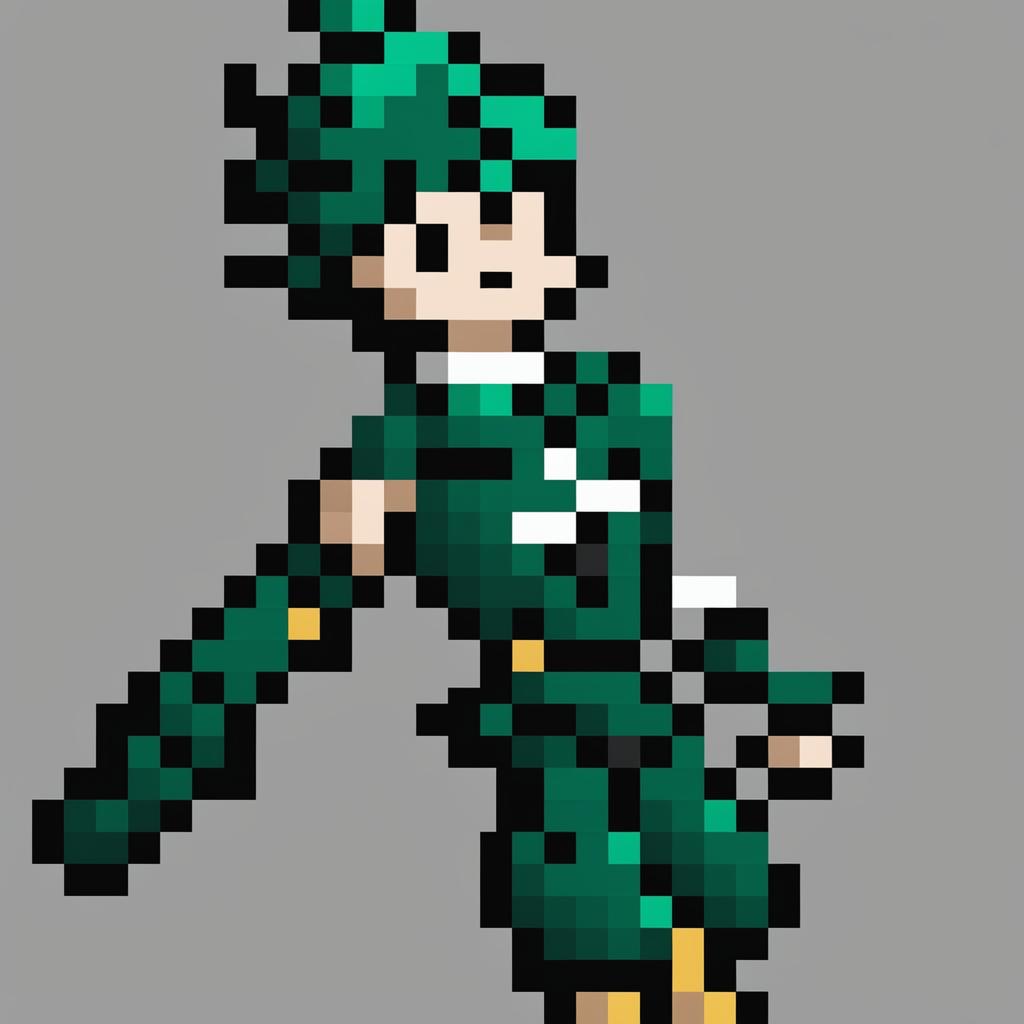 A 32x32 pixel art sprite of Midoriya from My Hero Academia, capturing his iconic hero costume and dynamic pose