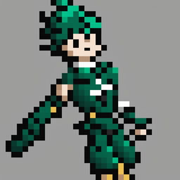 A 32x32 pixel art sprite of Midoriya from My Hero Academia, capturing his iconic hero costume and dynamic pose