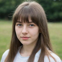 Portrait of a 19-year-old Caucasian girl with long hair and bangs.