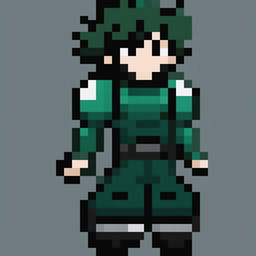 A 32x32 pixel art sprite of Midoriya from My Hero Academia, capturing his iconic hero costume and dynamic pose