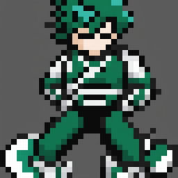 A 32x32 pixel art sprite of Midoriya from My Hero Academia, capturing his iconic hero costume and dynamic pose