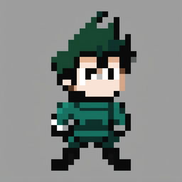 A 32x32 pixel art sprite of Midoriya from My Hero Academia, capturing his iconic hero costume and dynamic pose