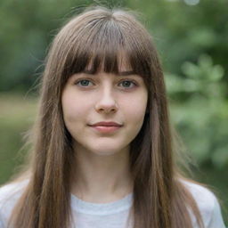 Portrait of a 19-year-old Caucasian girl with long hair and bangs.