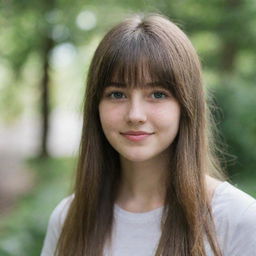 Portrait of a 19-year-old Caucasian girl with long hair and bangs.