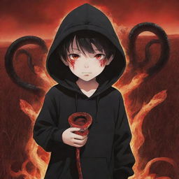 Anime little boy with fiery red eyes, clad in a black hoodie, carrying a snake made of fire, amidst a field bathed in red.