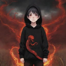 Anime little boy with fiery red eyes, clad in a black hoodie, carrying a snake made of fire, amidst a field bathed in red.