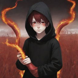 Anime little boy with fiery red eyes, clad in a black hoodie, carrying a snake made of fire, amidst a field bathed in red.