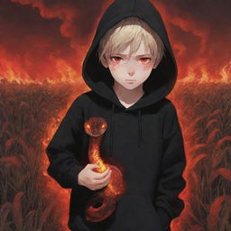 Anime little boy with fiery red eyes, clad in a black hoodie, carrying a snake made of fire, amidst a field bathed in red.