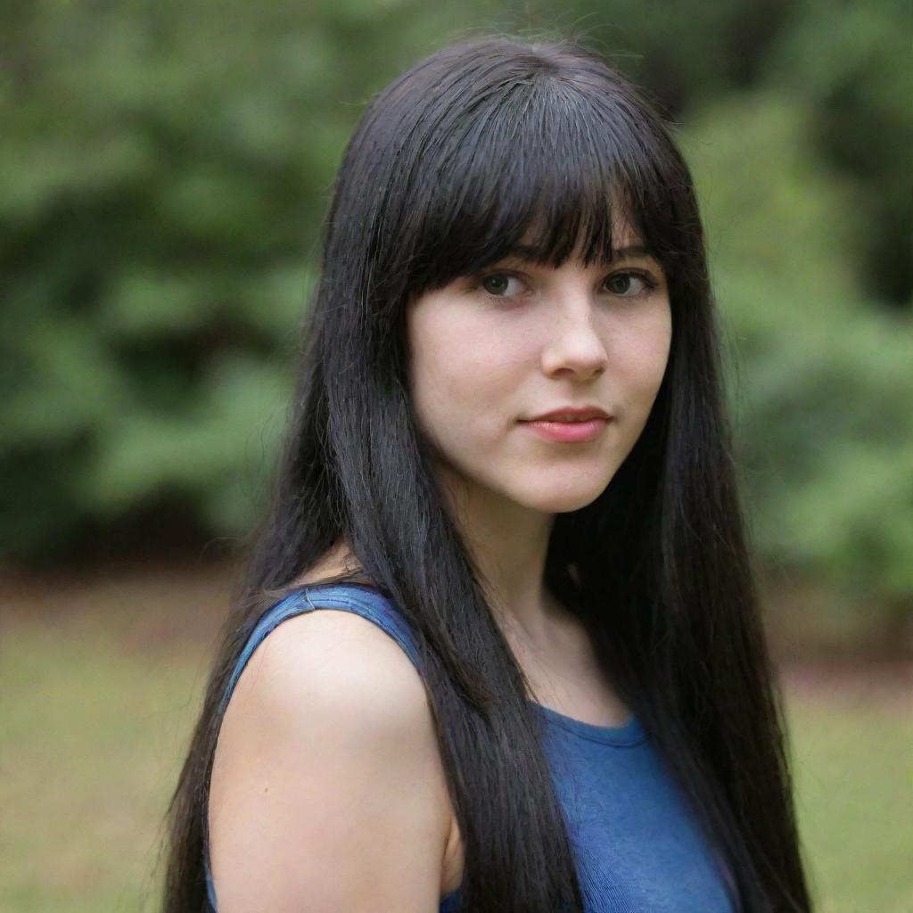 Portrait of a 19-year-old Caucasian girl with long black hair and bangs.