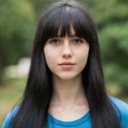 Portrait of a 19-year-old Caucasian girl with long black hair and bangs.