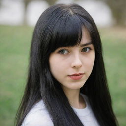 Portrait of a 19-year-old Caucasian girl with long black hair and bangs.