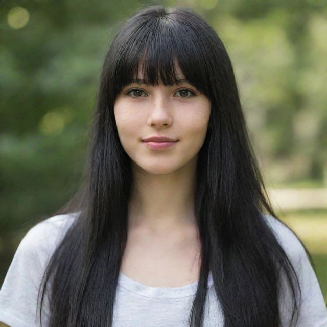 Portrait of a 19-year-old Caucasian girl with long black hair and bangs.