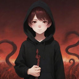 Anime little boy with captivating red eyes, enveloped in a black hoodie, holding a snake made of fire, standing in a field of deep red.