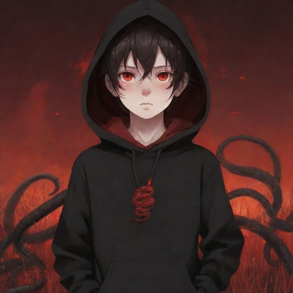 Anime little boy with captivating red eyes, enveloped in a black hoodie, holding a snake made of fire, standing in a field of deep red.