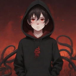 Anime little boy with captivating red eyes, enveloped in a black hoodie, holding a snake made of fire, standing in a field of deep red.