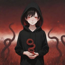 Anime little boy with captivating red eyes, enveloped in a black hoodie, holding a snake made of fire, standing in a field of deep red.