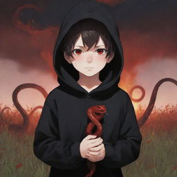 Anime little boy with captivating red eyes, enveloped in a black hoodie, holding a snake made of fire, standing in a field of deep red.