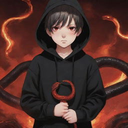 Anime little boy with intense red eyes, donned in a black hoodie, gripping a snake made of fire, standing in a scarlet field.