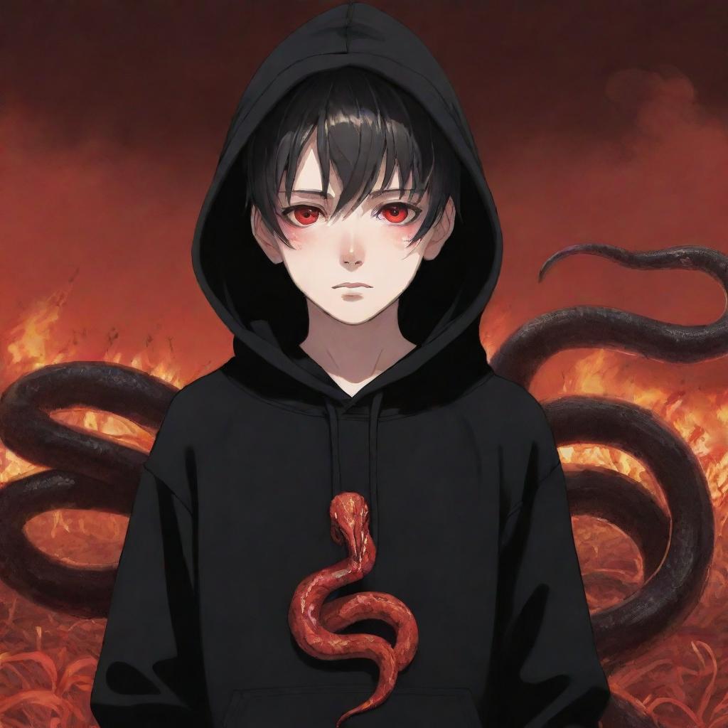 Anime little boy with intense red eyes, donned in a black hoodie, gripping a snake made of fire, standing in a scarlet field.