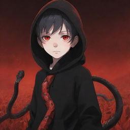 Anime little boy with intense red eyes, donned in a black hoodie, gripping a snake made of fire, standing in a scarlet field.