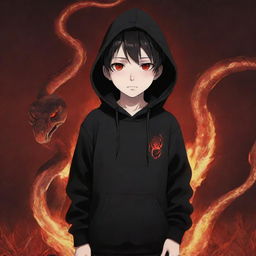 Anime little boy with intense red eyes, donned in a black hoodie, gripping a snake made of fire, standing in a scarlet field.