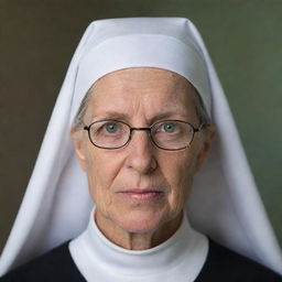 Portrait of a 50-year-old nun with a long face, green eyes, and wearing glasses