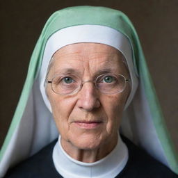 Portrait of a 50-year-old nun with a long face, green eyes, and wearing glasses