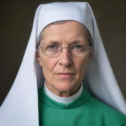 Portrait of a 50-year-old nun with a long face, green eyes, and wearing glasses