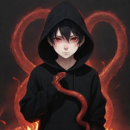 Little demonic anime boy with piercing red eyes, clad in a black hoodie, possessing a fire-form snake, amidst a field bathed in blood-red.