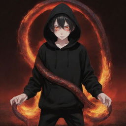 Little demonic anime boy with piercing red eyes, clad in a black hoodie, possessing a fire-form snake, amidst a field bathed in blood-red.