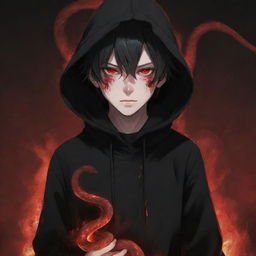 Little demonic anime boy with piercing red eyes, clad in a black hoodie, possessing a fire-form snake, amidst a field bathed in blood-red.