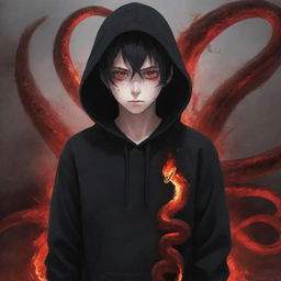 Little demonic anime boy with piercing red eyes, clad in a black hoodie, possessing a fire-form snake, amidst a field bathed in blood-red.