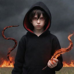 Demonic anime little boy with blazing red eyes, wearing a black hoodie, holding a snake made of fire in a field dyed in red.