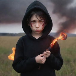 Demonic anime little boy with blazing red eyes, wearing a black hoodie, holding a snake made of fire in a field dyed in red.