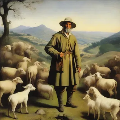 The famous painting portrays a goatherd surrounded by a picturesque landscape and his flock of goats.